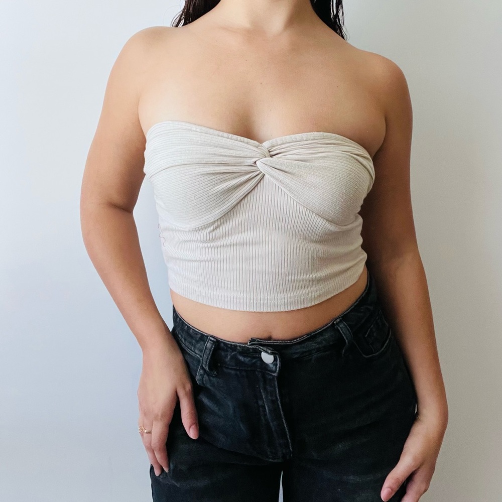 Beige Ribbed  Bandeau Crop Top with Twist Front